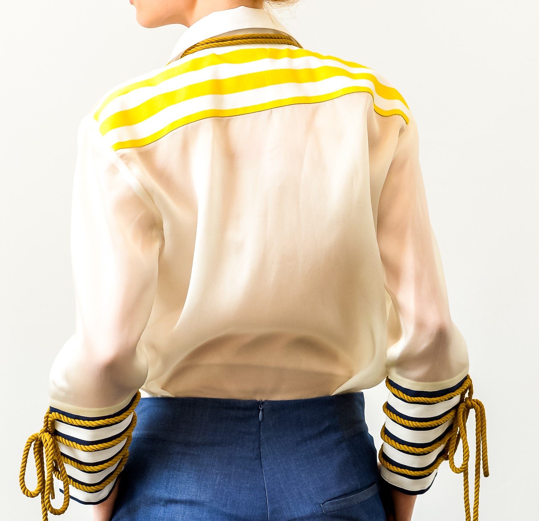 silk shirt and denim pants