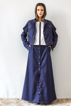designer denim jacket and skirt