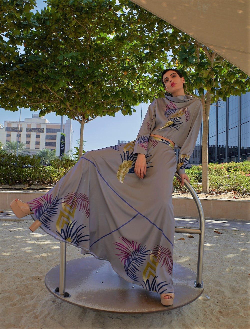 Silk High collar top and skirt