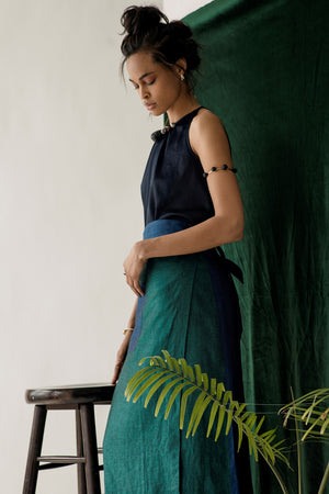color block linen wrap skirt